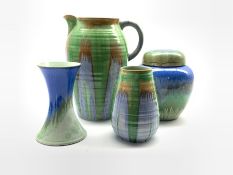 Shelley drip glazed ginger jar and cover in blue and green H17cm, similar vase H15cm, Shelley ribbe