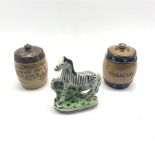 Staffordshire flatback Zebra, 19th Century Doulton Lambeth stoneware salt glazed tobacco jar and an