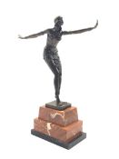 Art Deco style bronze model of a dancer after Chiparus on stepped marble plinth, H49cm