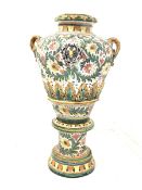 Very large Italian Majolica twin handled urn form vase on pedestal base with incised decoration, H1