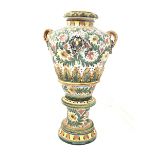 Very large Italian Majolica twin handled urn form vase on pedestal base with incised decoration, H1