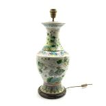 Oriental vase column table lamp decorated with figures and landscapes on a wooden base H46cm