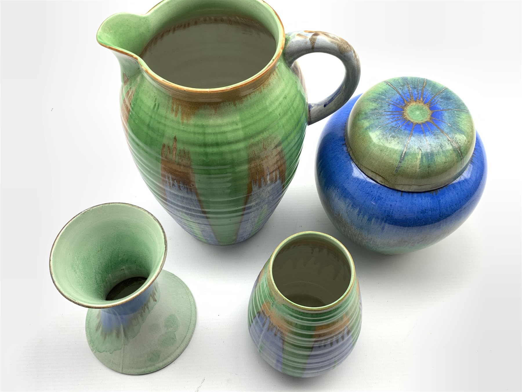 Shelley drip glazed ginger jar and cover in blue and green H17cm, similar vase H15cm, Shelley ribbe - Image 2 of 5