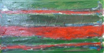 R Hilton (mid 20th century): Green and Red Abstract oil on canvas signed with initials R H and date
