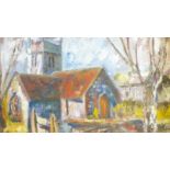 Anne Williams (British 20th century): 'The Red Church', oil on board signed with monogram, titled o