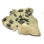 Chinese carved soapstone leaf shape plaque decorated with applied pewter insects 37cm x 34cm