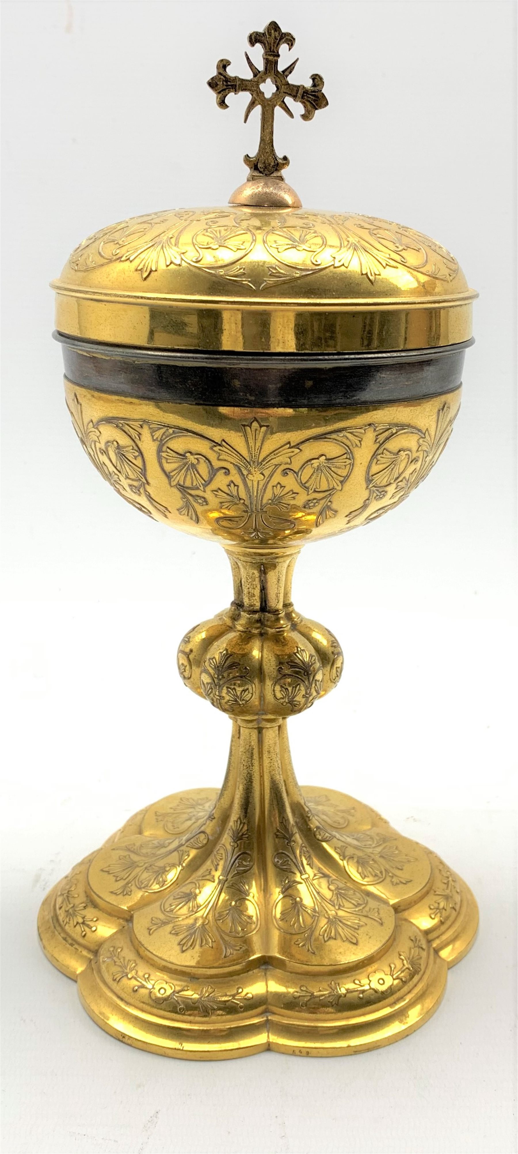 19th century gilt metal Ciborium, silver-gilt interior, cross finial, relief foliate design on knop