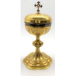 19th century gilt metal Ciborium, silver-gilt interior, cross finial, relief foliate design on knop