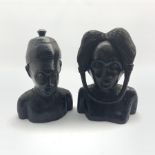 Pair of African carved busts of a man and woman, H34cm