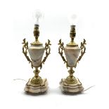 Pair of marble vase column electric table lamps with gilt metal mounts on serpentine bases H30cm ex