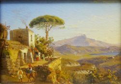 Italian School (19th/20th century): Figure on a Donkey Leading up to a Rural House, oil on board uns