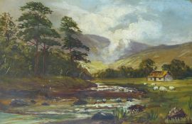 W Meadows (British 19th/20th century): Sheep Grazing by a Stream, oil on canvas signed 50cm x 75cm