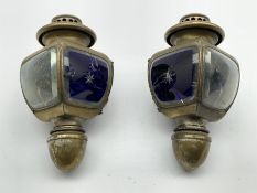 Pair of French Auteroche opera lamps with star cut blue glass panels in brass cases Model No. 164