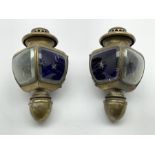 Pair of French Auteroche opera lamps with star cut blue glass panels in brass cases Model No. 164