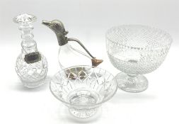 Modern glass wine decanter in the form of a duck with silver-plated mounts, cut crystal decanter wi