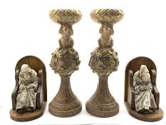 Pair of antique design carved and gilded stands H37cm and a pair of oak bookends with pottery figur