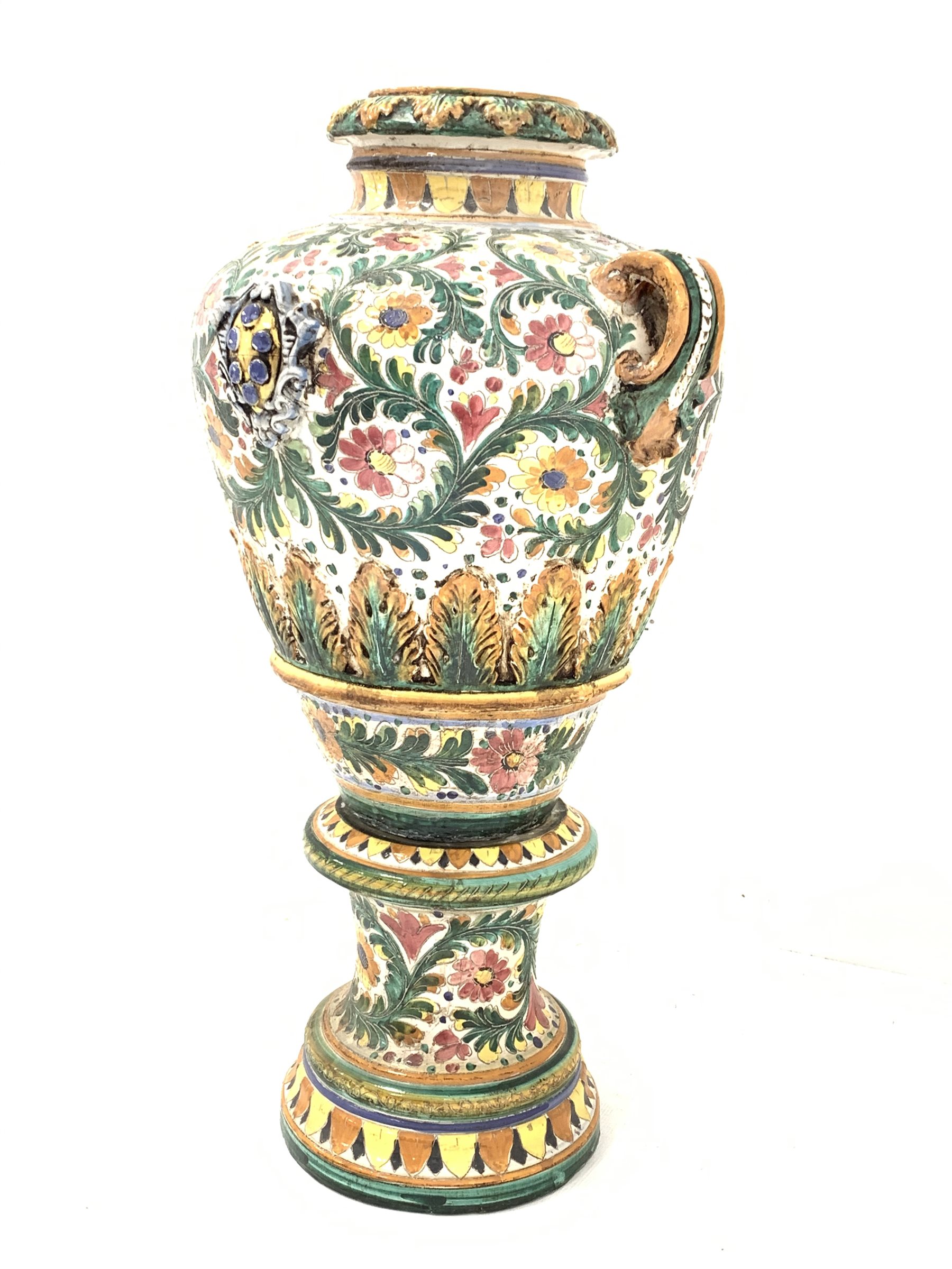 Very large Italian Majolica twin handled urn form vase on pedestal base with incised decoration, H1 - Image 2 of 9