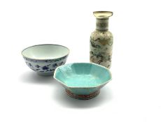 18th Century Chinese small bowl decorated in blue and white D15cm, green ground hexagonal bowl and