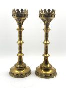 Pair of large Gothic style brass pricket candlesticks, H50cm
