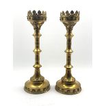 Pair of large Gothic style brass pricket candlesticks, H50cm