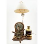 Oak table lamp formed with a Nautical theme with aneroid barometer, Port lantern and six spoke whe