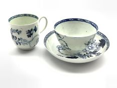 18th Century Liverpool Penningtons trio of tea bowl, saucer and coffee cup painted in underglaze bl