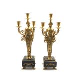 Pair of Empire design three branch table lamps with classical figural columns on square marble base