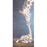 Mother and Daughter Giraffes, contemporary oil on canvas unsigned 150cm x 70cm