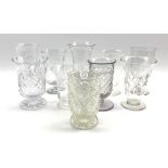 Collection of ten various glass celery vases and a pair of oil lamps with moulded glass reservoirs