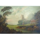 English Primitive School (19th century): Landscape with Ruined Castle and Sheep Grazing, oil on can