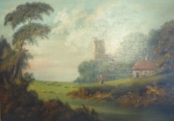 English Primitive School (19th century): Landscape with Ruined Castle and Sheep Grazing, oil on can