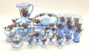 1950's floral painted drinking glass set comprising twelve tumblers, eleven liquor glasses, eleven