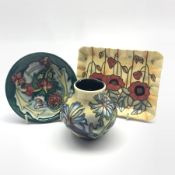 Moorcroft Chicory pattern vase by Philip Gibson H8.5cm, Leicester pattern pin dish or coaster D12cm