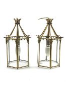 Pair of brass hall lanterns of hexagonal form, H35cm