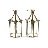 Pair of brass hall lanterns of hexagonal form, H35cm