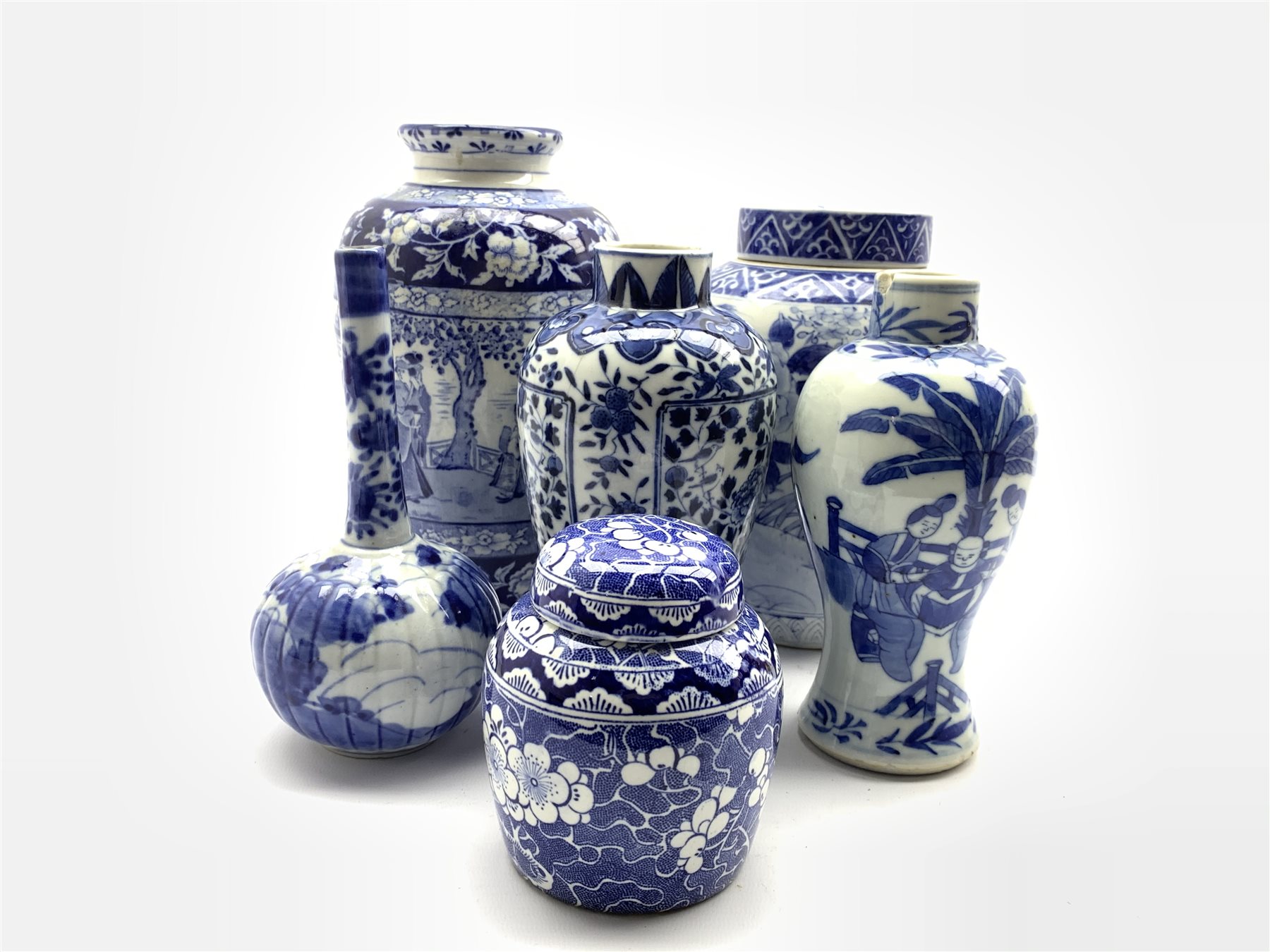 19th Century Chinese blue and white vase with Kang Hsi mark H19cm, ginger jar and cover and four ot