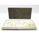Classical style bronze finish plaque depicting a hunting scene, L58cm and a reconstituted stone Cla