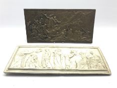 Classical style bronze finish plaque depicting a hunting scene, L58cm and a reconstituted stone Cla