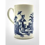 18th Century Worcester mug printed in underglaze blue with 'La Peche' and 'La Promenade Chinoise' p