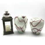 Pair of graduated contemporary glass vases and glazed lantern, H46cm (3)