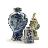 19th Century Faience ware tea caddy painted with Chinese style figures etc. H11cm, Delft blue and w