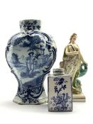 19th Century Faience ware tea caddy painted with Chinese style figures etc. H11cm, Delft blue and w