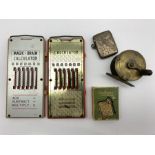 Victorian silver vesta case by William J Holmes, Birmingham, 1886, brass fly reel, Vulcano lighter