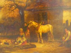 Attrib. George Morland (British 1763-1804): Figures, Horses and Pigs Beside a Stable, oil on copper