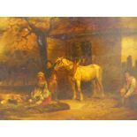 Attrib. George Morland (British 1763-1804): Figures, Horses and Pigs Beside a Stable, oil on copper