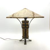 Large contemporary table lamp, inlaid shell style pyramid topped shade, square section column and m