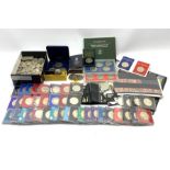Commemorative crowns in plastic holders, quantity of King George VI post 1946 base metal shillings,