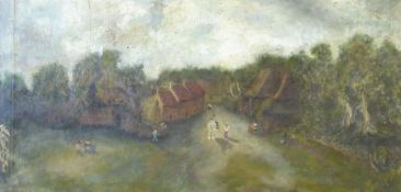 English Primitive School (19th century): Rural Village Life, oil on canvas unsigned 29cm x 59cm