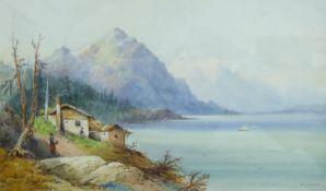 Frank Catano (Italian fl.1880-1920): Coastal Scene with Figures and Cottage, watercolour signed 28c
