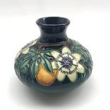 Moorcroft Passion Fruit pattern squat vase designed by Rachel Bishop, D14cm x H11cm